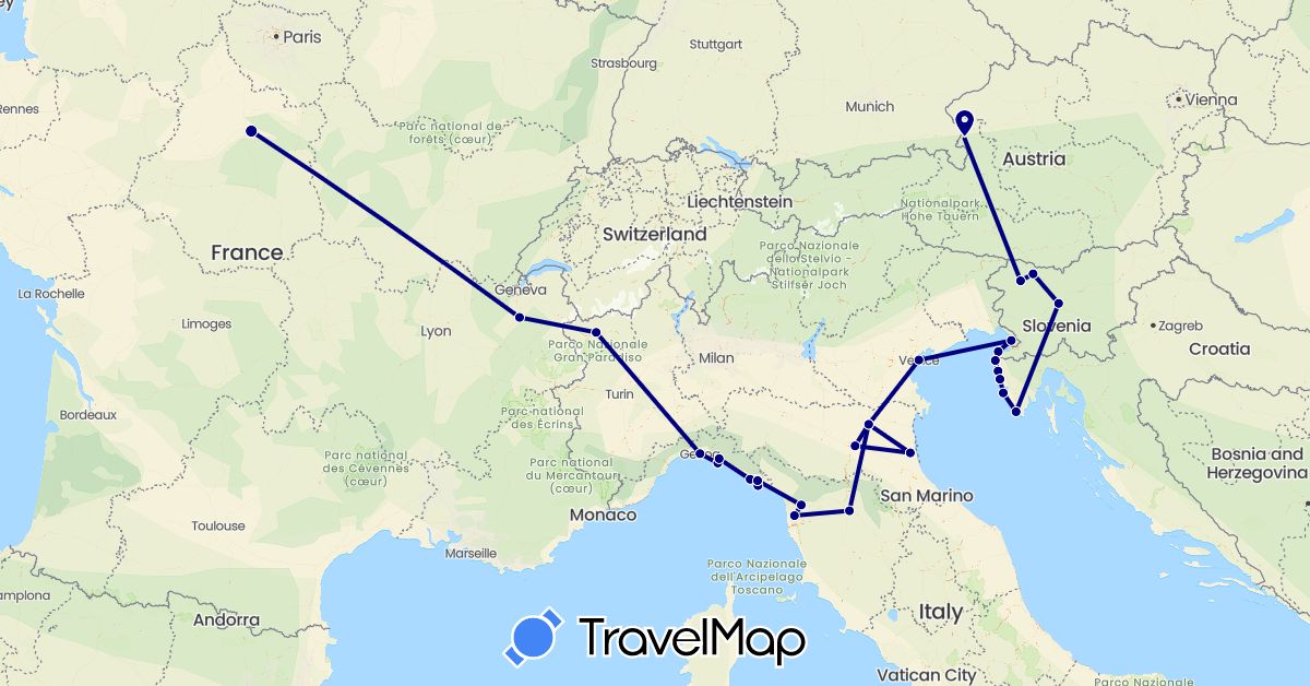 TravelMap itinerary: driving in Austria, France, Croatia, Italy, Slovenia (Europe)